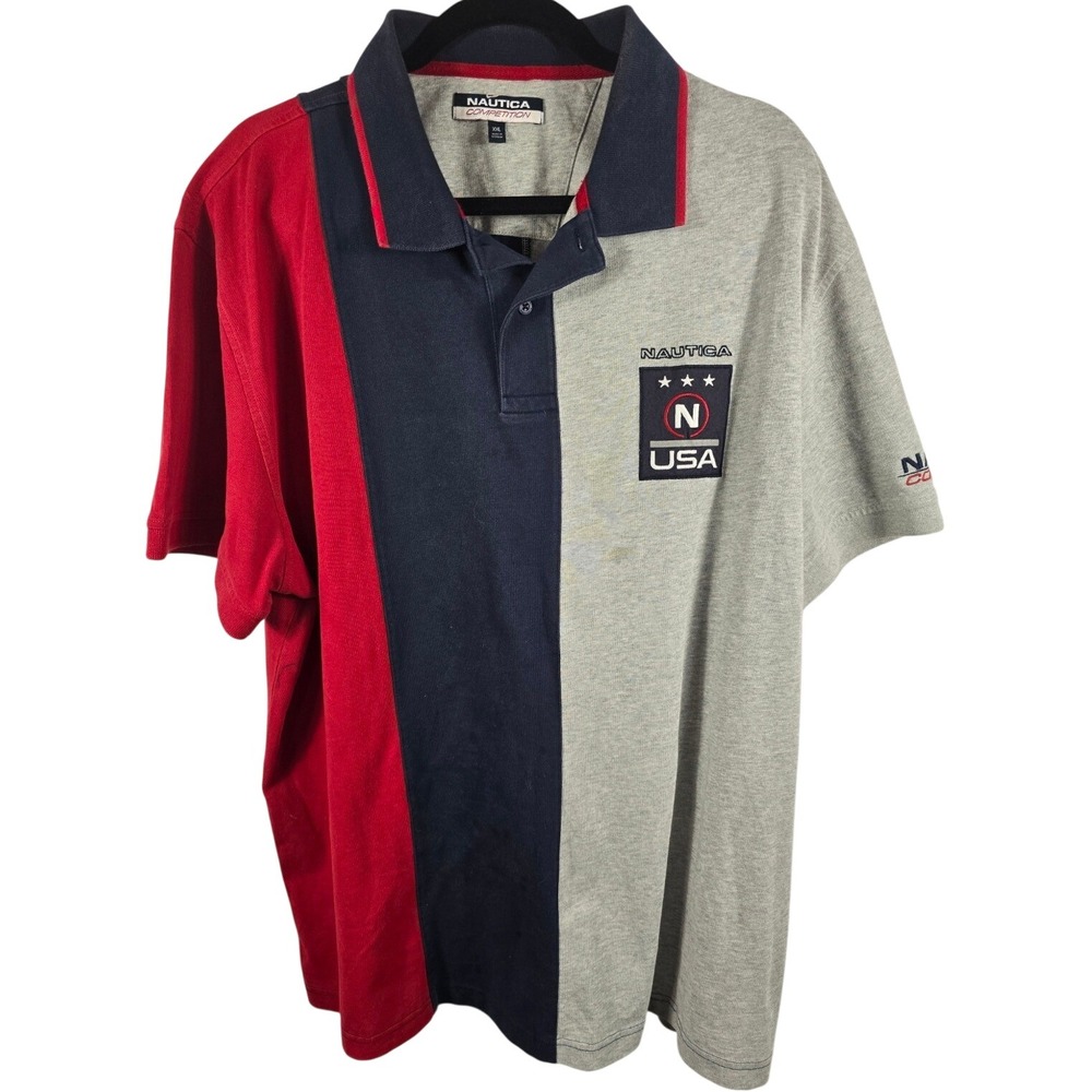 Nautica Competition Polo Shirt XXL Color Block USA Logo Red Navy Gray